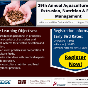 Register for Practical Short Course on Aquaculture Feed Extrusion, Nutrition and Feed Management